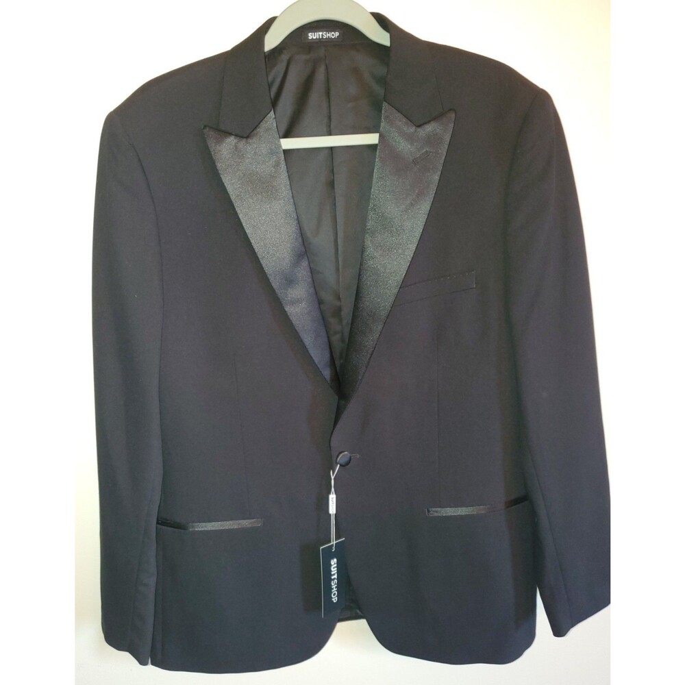 SuitShop Black Peak Lapel Tuxedo Jacket 44R NWT Slim Fit PKTXSJ44R-S Tux